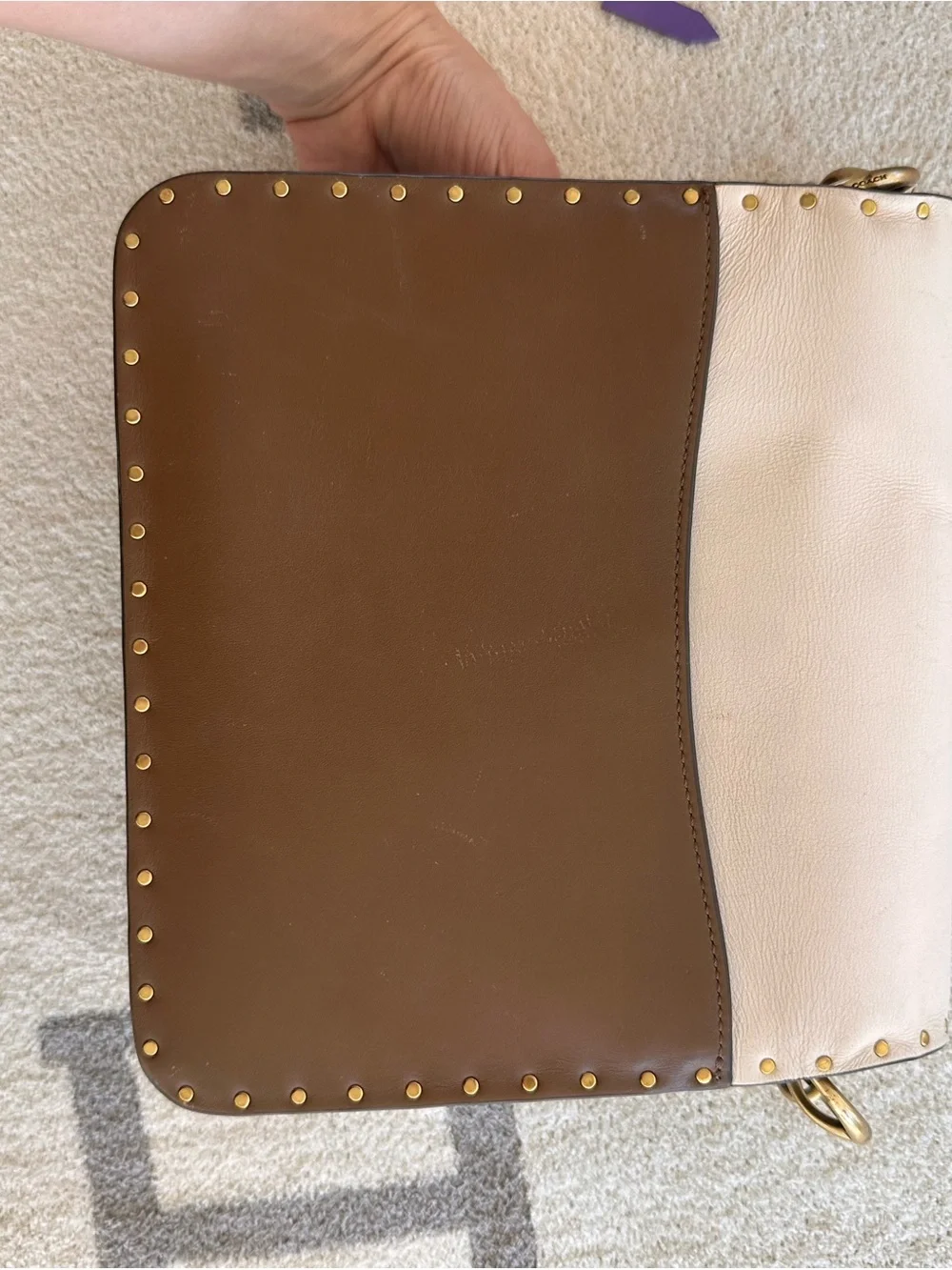 Coach Colorblock Leather Shoulder Bag in White, Brown and Black with Gold Chain